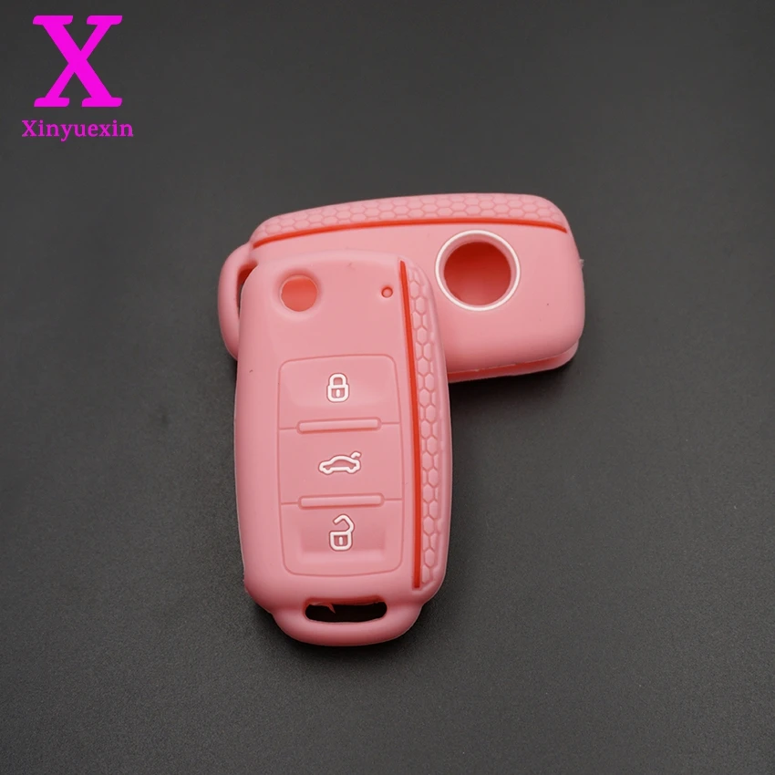 Xinyuexin автомобильный чехол для ключей, брелок для VW Bora POLO GOLF Passat, силиконовый чехол для ключей, 3 кнопки дистанционного управления, автомобильный стиль - Название цвета: Light Pink