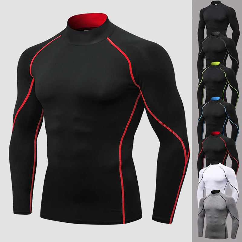 

New Men's Long Sleeve Tight Fitness T Shirt Male High Collar Tops fitness sports running Quick Dry Sport Clothing