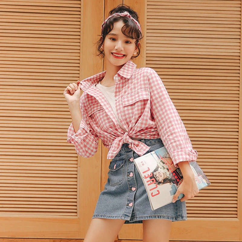 

Harajuku Retro Long Sleeve Loose Shirt Blouse Woman 2018 Korean Fashion Blue Pink Plaid Shirt Tops Women Streetwear M134