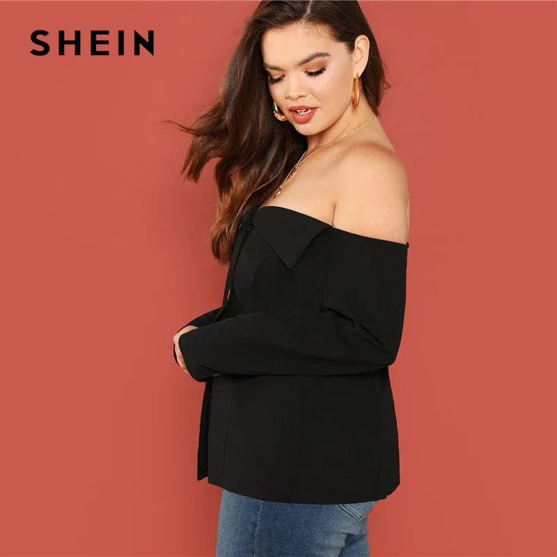 SHEIN черная Сексуальная Блузка с открытыми плечами длинным рукавом и пуговицами