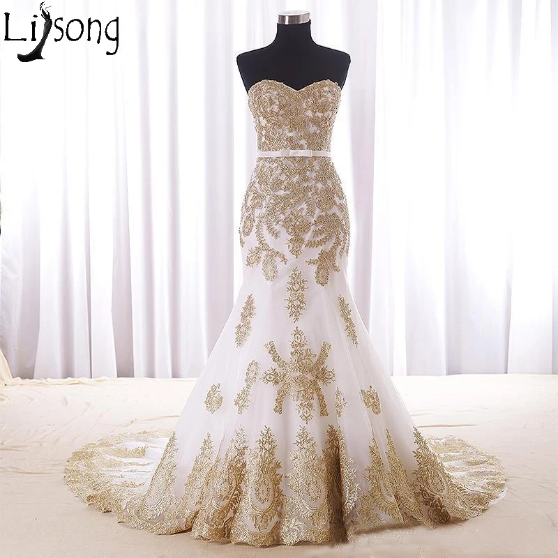 Mermaid White And Gold Wedding Dress Cheap Real Photos Sweetheart Chapel Train Applique Lace Bridal Dress For Women Girls New 189