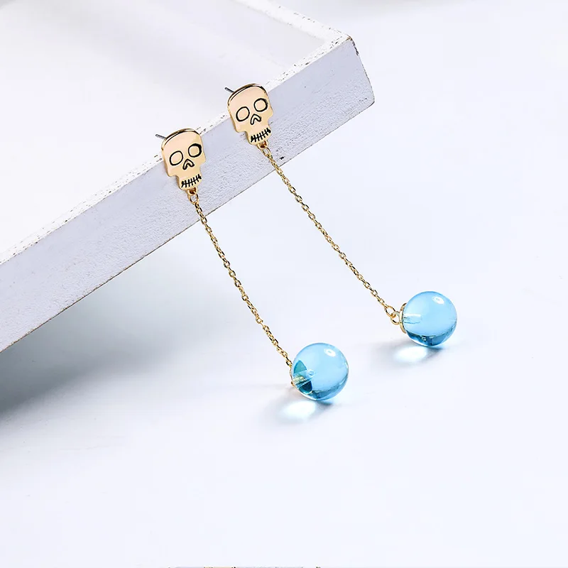 

BALANBIU Characteristic Skull Unique Cambridge Blue Glass Ball Drop Earring For Women Gifts Gold Color Long Chain Dangle Earring
