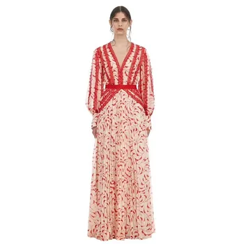 

New Self Portrait Dress Printed Women 2019 Designer Lace Patchwork Sexy V-neck Maxi Long Dresses Lantern Sleeves Party Clothing
