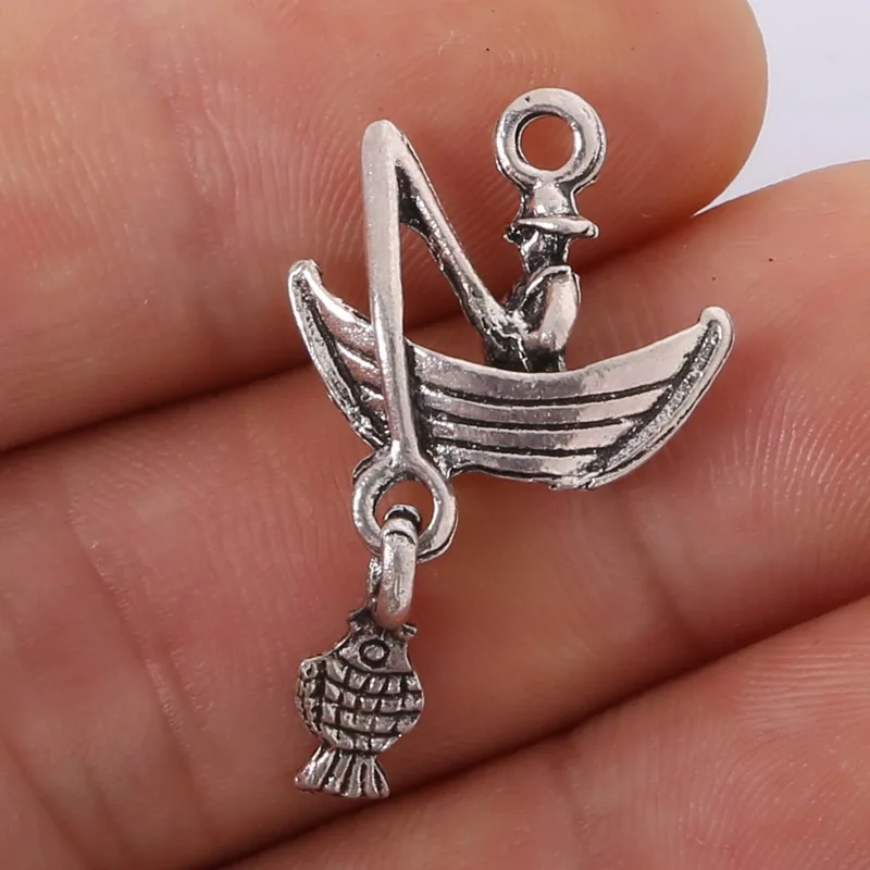 6pcs 18x32mm Antique Silver Fisherman Hooks Charms Pendant