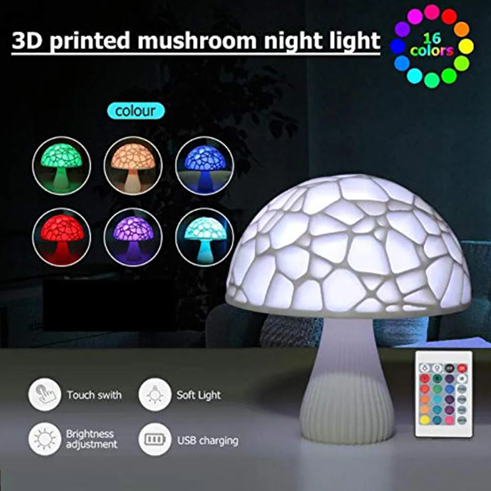 

Gift USB Rechargeable Nursery Lamp Practical Children Cute Mushroom 3D Printing Remote Control Night Light Indoor Table Bedroom