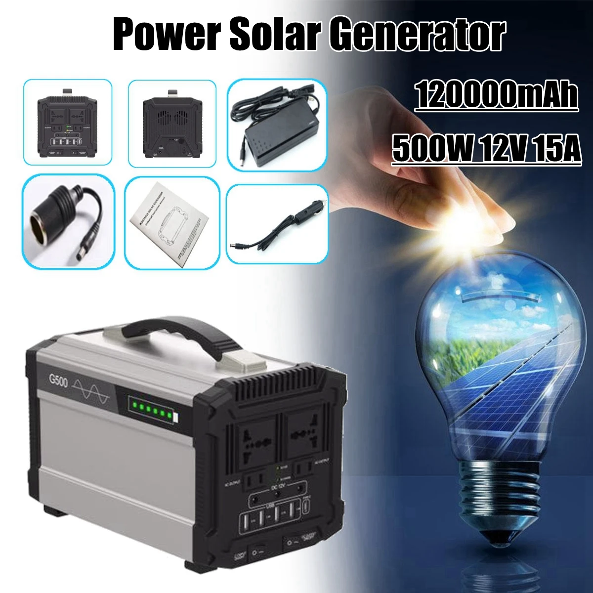 

444Wh 120000mAh 500W 12V 15A Inverter Energy Power Storage Home Outdoor Portable Power Solar Generator Faster Charge