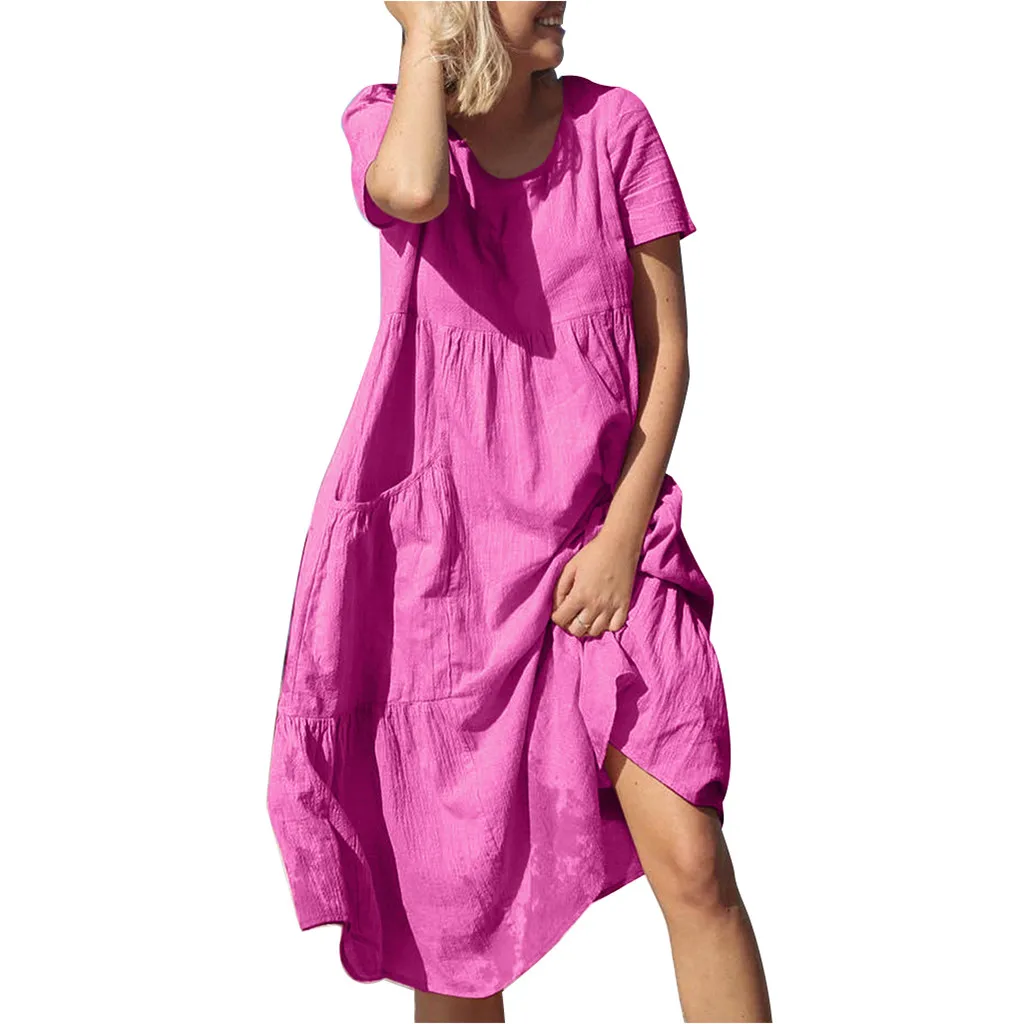Женское летнее платье, женское модное однотонное платье с круглым вырезом, коротким рукавом и карманами, хлопковое льняное свободное пляжное Повседневное платье Y606 - Цвет: Hot Pink