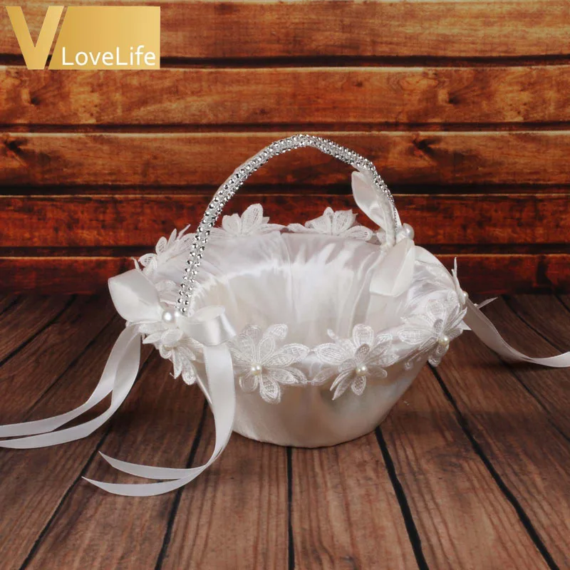 White Flower Wedding Basket with Satin Ribbons Bow Rhinesotne Storage