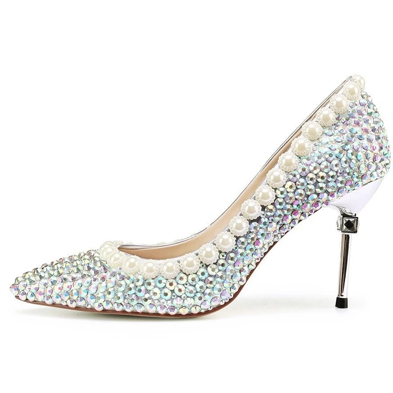 

Gorgeous 3 Inches High Heel Lady Shoes Fashion Show Pumps Pointed Toe AB Crystal Wedding Dress Shoes Customized Sexy Bride Shoes