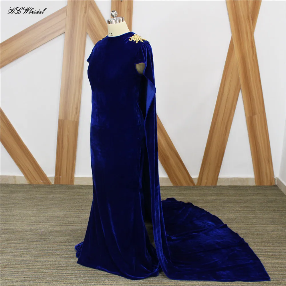 

Royal Blue Velvet Mermaid Evening Dress With Cloak 2019 Elegant Floor Length Long Formal Prom Gown Vestido De Fiesta Custom Made