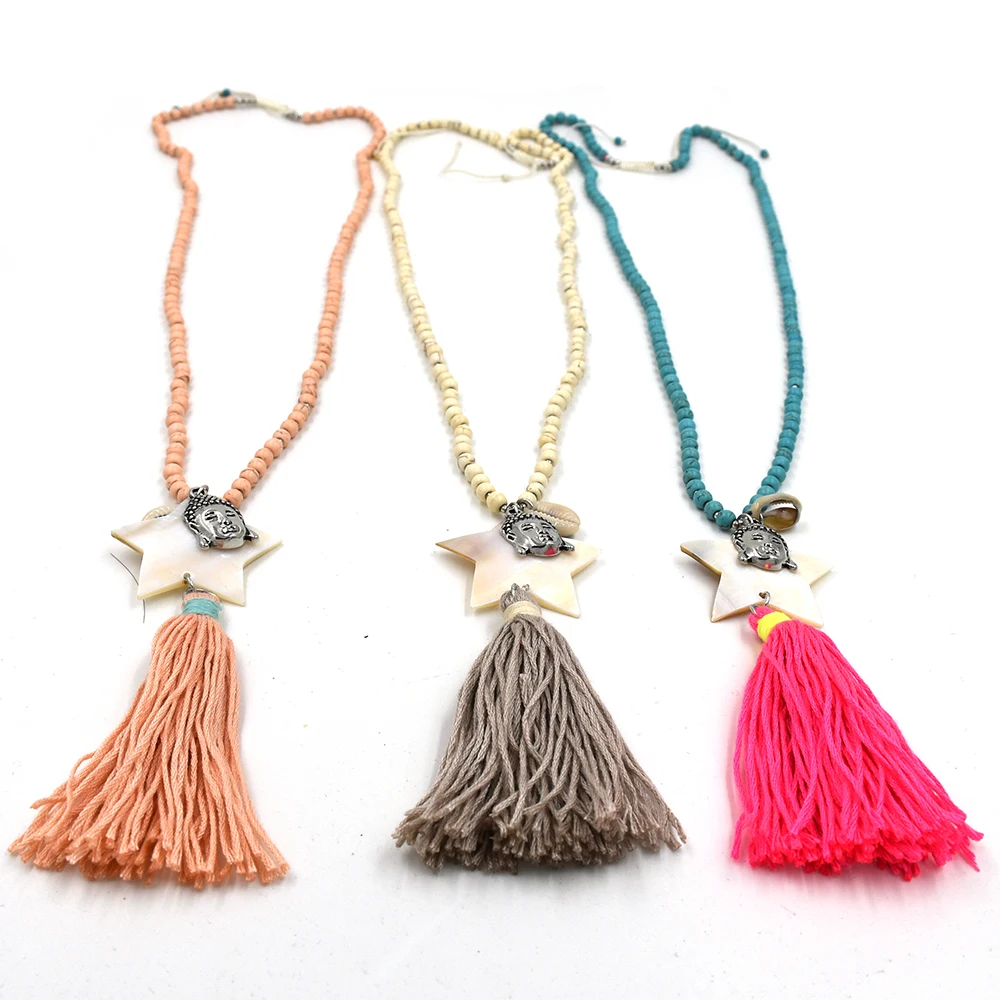 New stone beaded chain sea shell five stars Pentagram pendants pink tassel Buddha pendant maxi collar boho chic long necklace