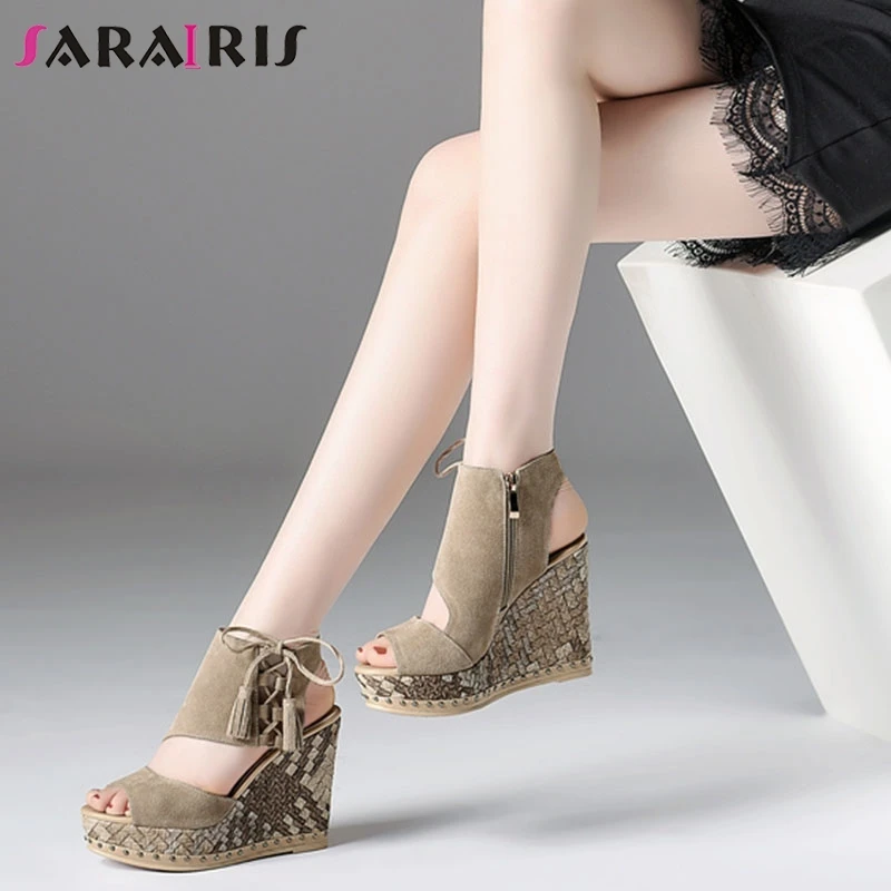 

SARAIRIS New women's Genuine Leather Solid Zip Wedges High Heels Platform Shoes Woman Casual Summer Sandals Size 34-39