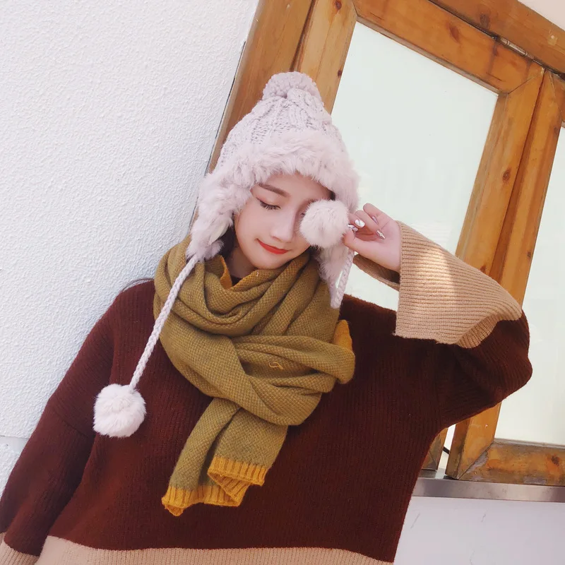 New Korean Fashion Autumn And Winter Rabbit Fur Ball Knit Hats Warm Earmuffs Outdoor Wild Double Thickening Women Hats HC06 (2)