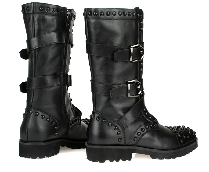 Pic Style Longues Mâle Cuir Livraison Personnalité Noir Plat Ronde Rivet En Hommes Bottes Angleterre As Chaussures Orteils Gratuite FTKJ13lc
