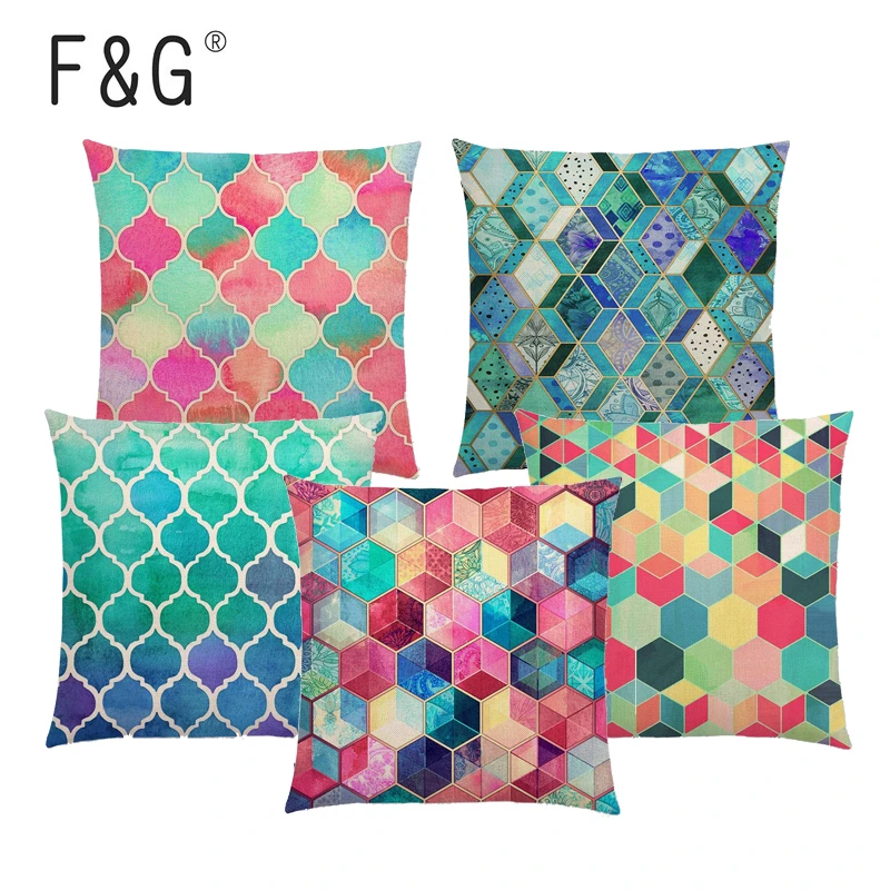 

Rainbow Watercolor Moroccan Hexagonal Pattern Cushion Cover Colorful Gemstone Crystal Cube Decoration Car Sofa Throw Pillowcase