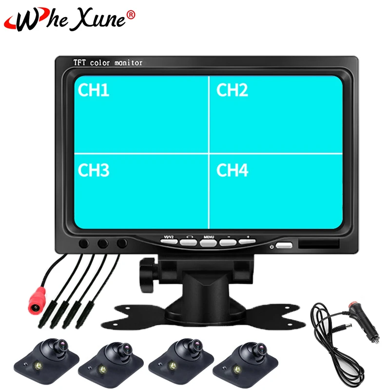 WHEXUNE 7 inch Car Monitor Reverse parking monitor 4 split screen input Remote controlFront/Left/Right/Rearview camera optional