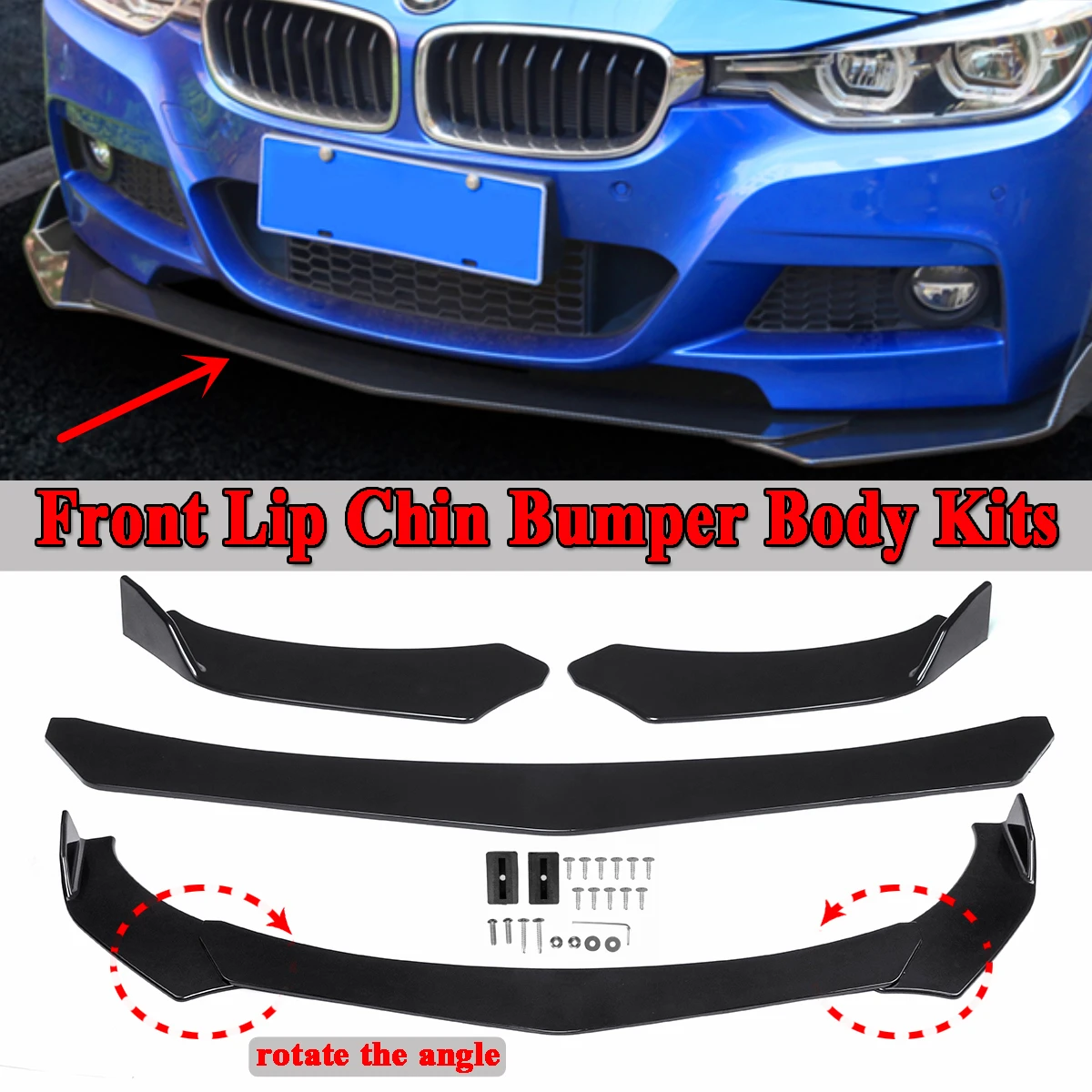 

New 3pcs Car Universal Black Front Bumper Spoiler Lip Body Kits Rotate The Angle For BMW E36 E46 E60 E63 E64 E90 E91 E92 E93