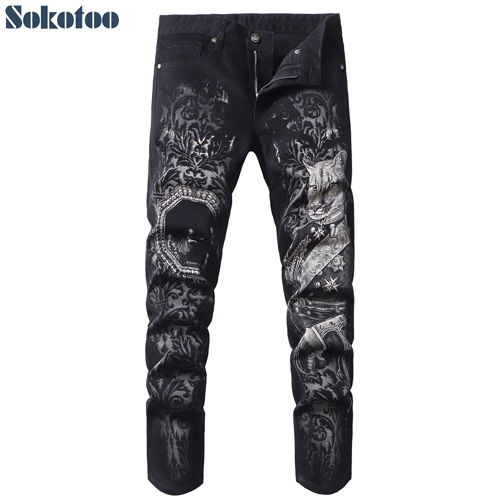 Sokotoo Men's black beast head printed jeans Fashion 3D painted slim ...