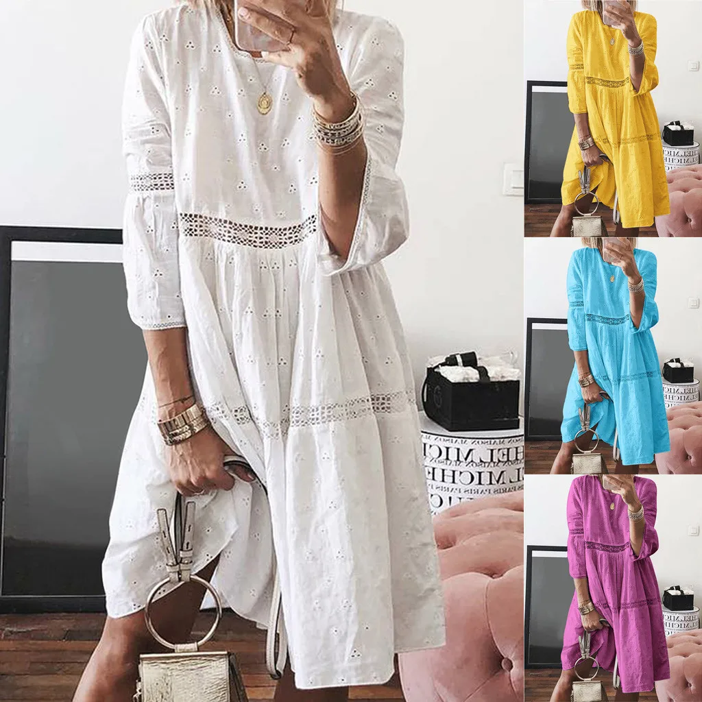 Autumn Bohemian Loose Dress Plus Size Women NEW Arrival Solid O-Neck Empire Hollow Out Splice 3/4 Sleeve Dress платье Wholesale