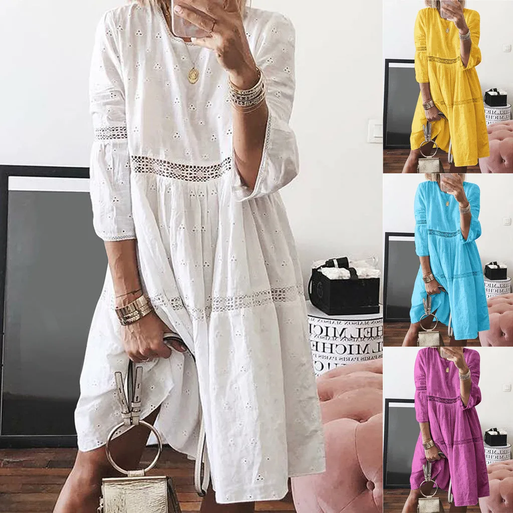

Autumn Bohemian Loose Dress Plus Size Women NEW Arrival Solid O-Neck Empire Hollow Out Splice 3/4 Sleeve Dress платье Wholesale