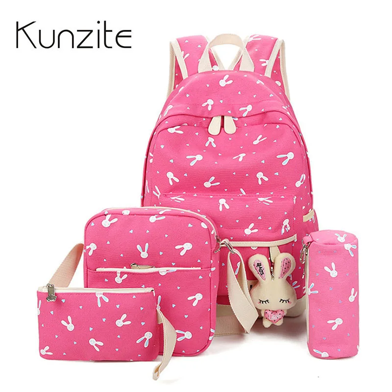 4Pcs/Sets 2017 Women Backpacks Cartoon Rabbit Printing School Backpack Canvas Schoolbags for Teenage Cute Girls Bookbag Children bookbags-for-girls