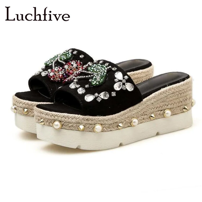 

Cherry Crystals Rivets Women Slippers Hemp Rope High Wedges Runaway Ladies Shoes Black Kid Suede Open Toe Summer Shoes Woman