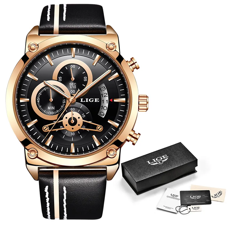 LIGE мужские часы Топ люксовый бренд водонепроницаемые спортивные наручные часы с хронографом кварцевые военные кожаные часы мужские часы - Цвет: Rose gold black