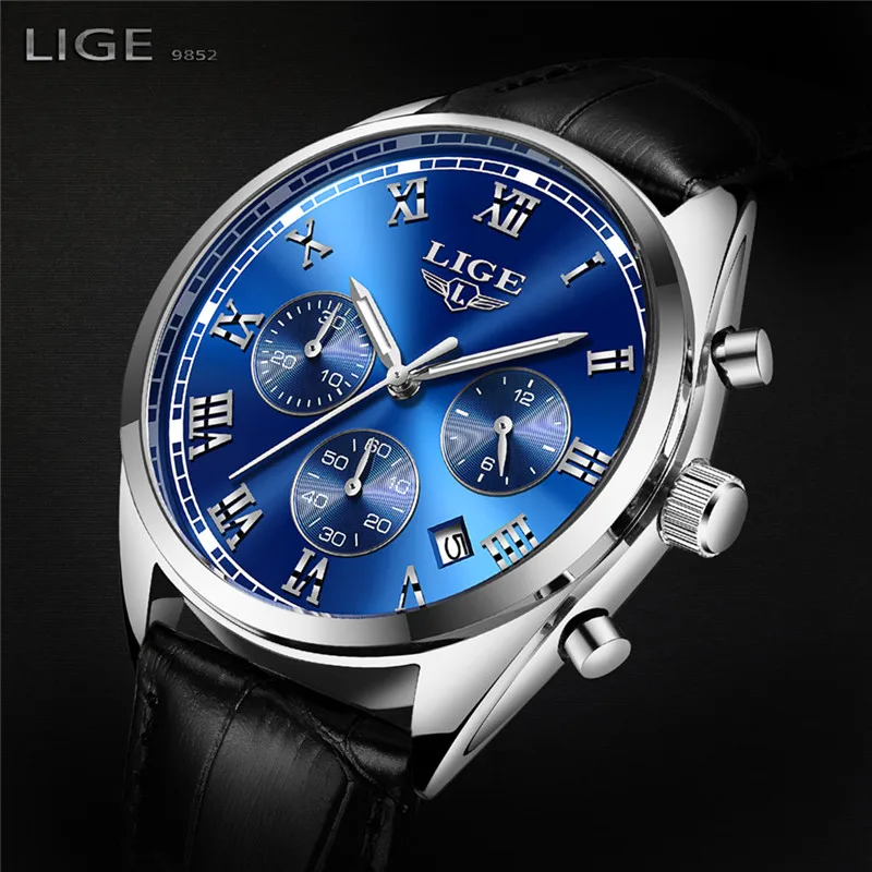

LIGE Sport Waterproof Blue Dial Quartz Watch Men Business Leather Black Strap Chronograph Fashion Casual relohio masculino+Box