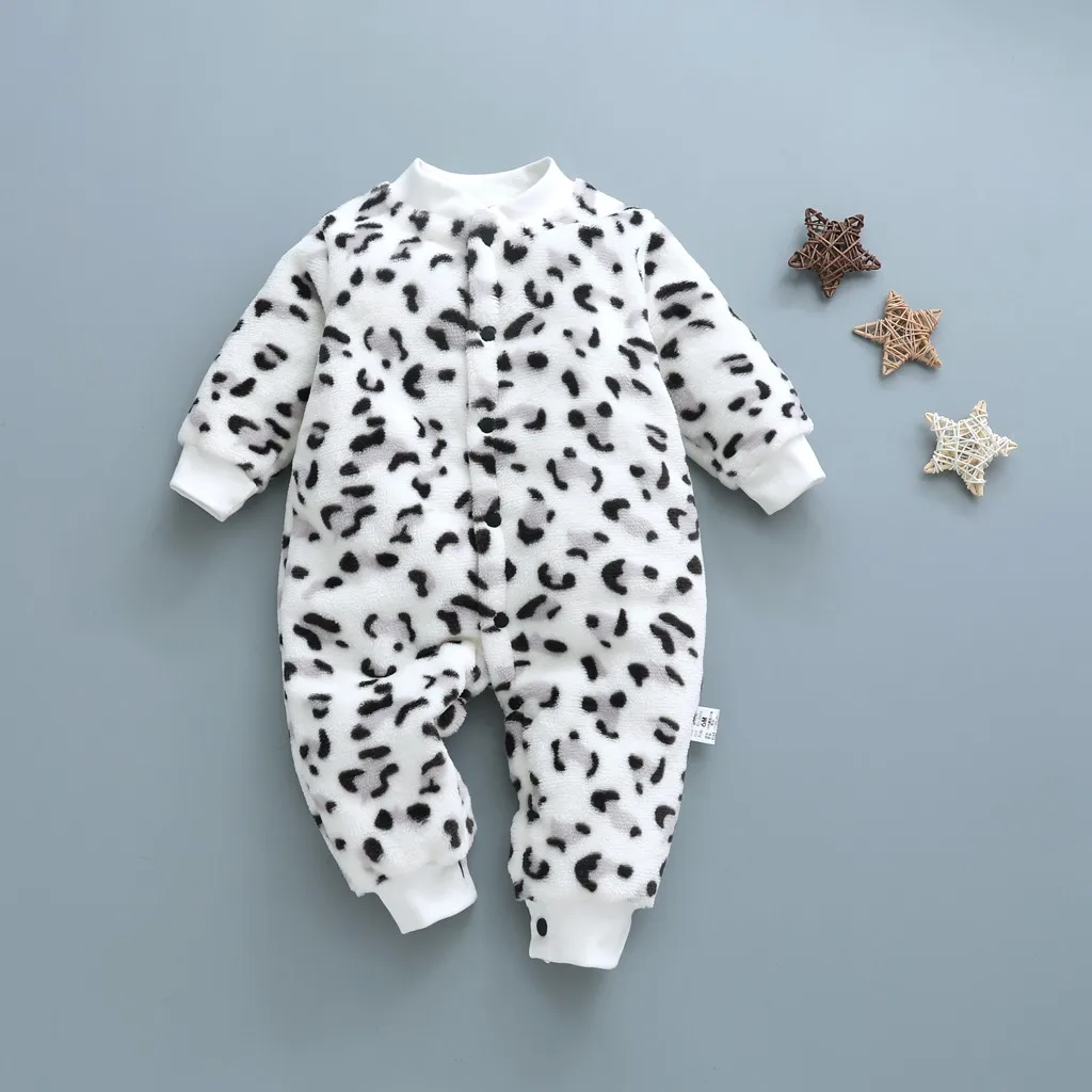 Baby Girls Boys Thick Romper Warm Winter Newborn Infant Baby Cartoon Leopard Fleece Jumpsuit Romper Soft Pajamas Clothes