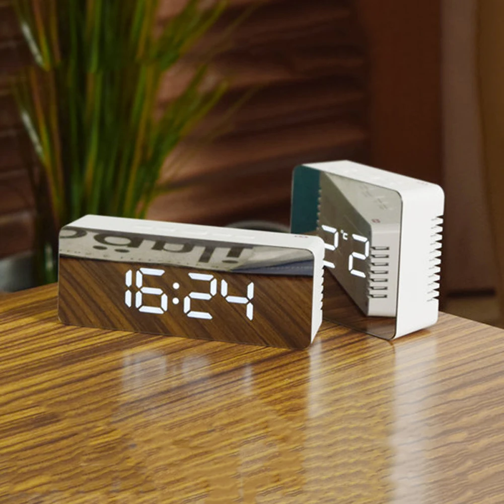 

USB Digital LED Alarm Clock 12H 24H Alarm and Snooze Function Mirror Clock Indoor Thermometer Electronic Desktop Table Clocks
