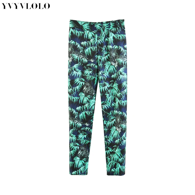 

YVYVLOLO Women Vintage Wide Leg Pants Fashion Jungle Printed Pants Female Elastic High Waist Pants Long Trousers Summer