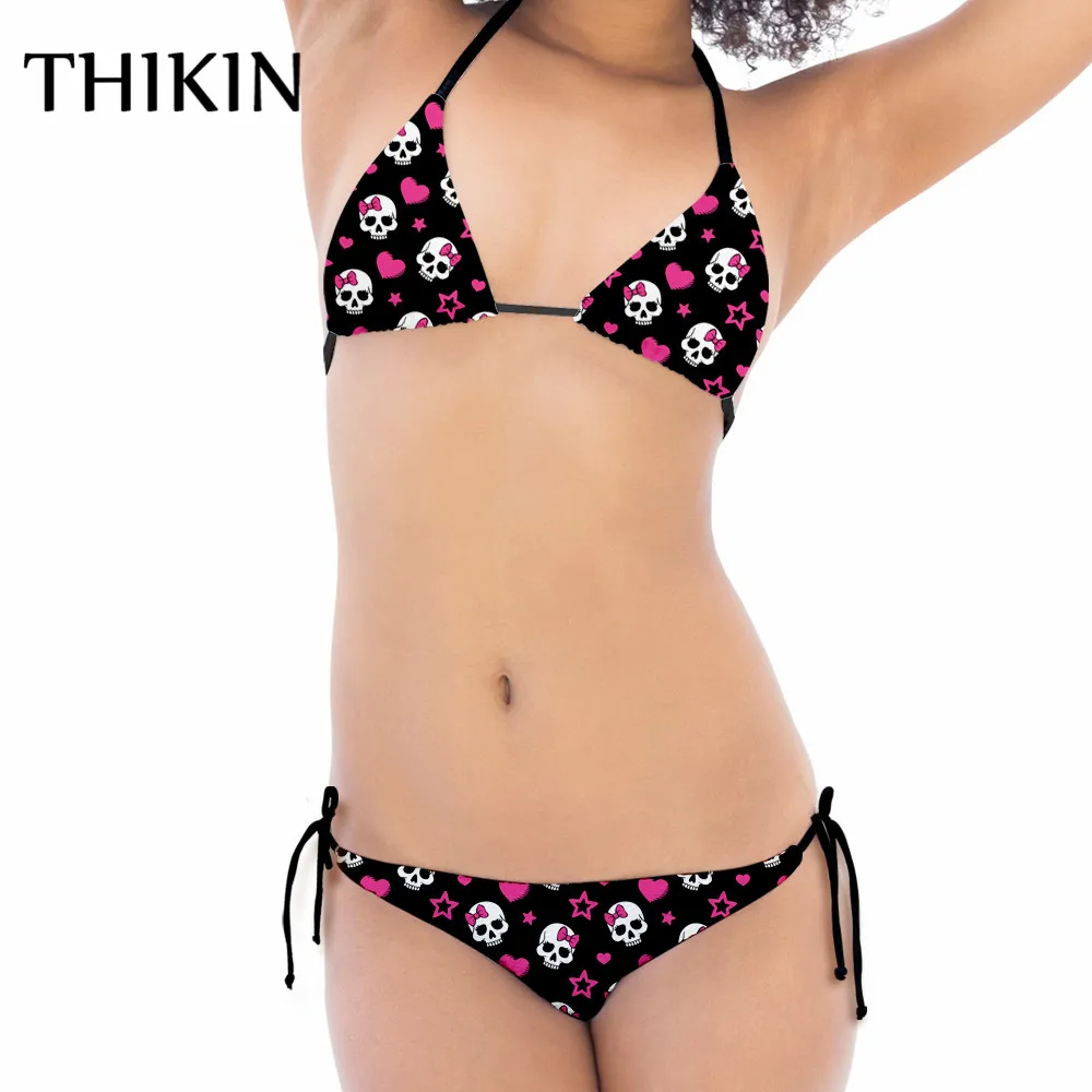 

THIKIN Causal Girls Funny Skull Pattern Bikini Brazilian Top Bathing Suits Swim Biquini Swimwear Women Sexy Bikinis Set Femme