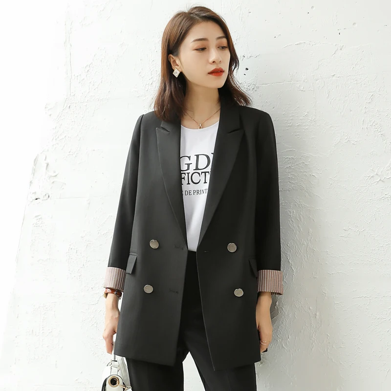 Shuchan Blazer Feminino Autumn Winter 2019 New Items Women's Jacket Black Notched Double Breasted Office Lady Solid Blazer Femme