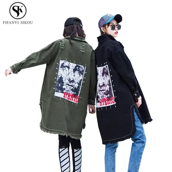

2018 Spring autumn Harajuku Basic jackets women Fashion Print Hole Denim jacket Female Loose Plus size jeans jacket women LP198