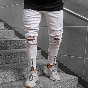 

Jeans Men Mid Waist Button Zipper Hole Ripped Jeans for Men Fashion Summer Skinny White Jeans Male Denim calça masculina D40