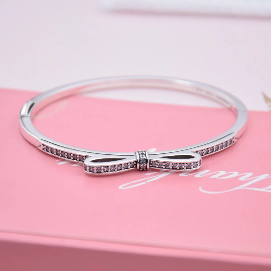 

Top Quality 925 Sterling Silver Sparkling Bow Bangle Clear CZ Zircon Elegant Crystal Simple Style fit Lady Bracelet Bangle