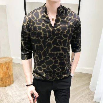 

Leopard Print Men Shirt Casual Business Short Sleeve Shirts Streetwear Men's Social Night Club Work Shirt Camisa Masculina