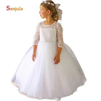 

3/4 Sleeve White Flower Girls Dresses 2020 Lace Wedding Party Dress for Kids Scoop Tulle Girls Communion Dresses D76
