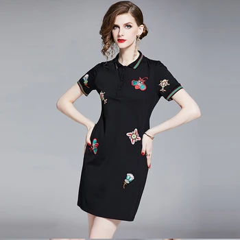 

Women's 2019 Summer New Fashion Embroidery Turn-down Collar Simple Short Sleeve Dress Fashion Casual Streetwear Dress
