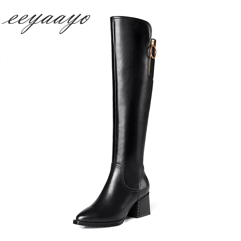 Punk Glissière Vache Brown Véritable Hauteur Orteil Bottes Hiver black En Pointu Sexy Femmes À Noir New Hauts Du Talons Chaussures Cuir 2018 Genou sxthdBrQC