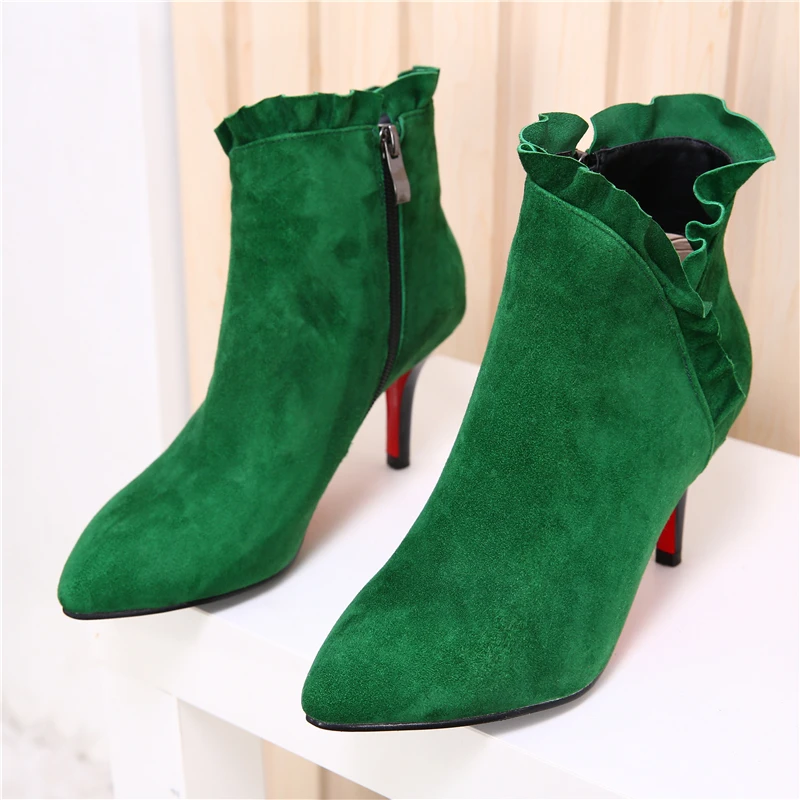 New 2017 Ladies Luxury designer Flounce Sheepskin Boots Pointed Toe Sexy High Heel Green Booties