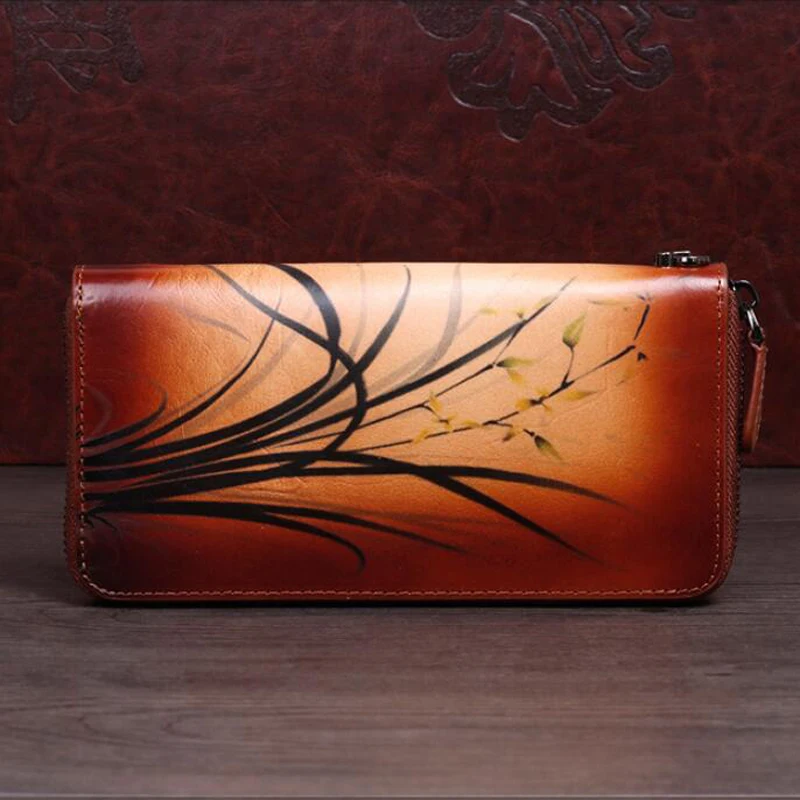 

New retro Women Wallet Genuine Leather Luxury Long Clutch Handbag Multifunction Female Money Clips Card package