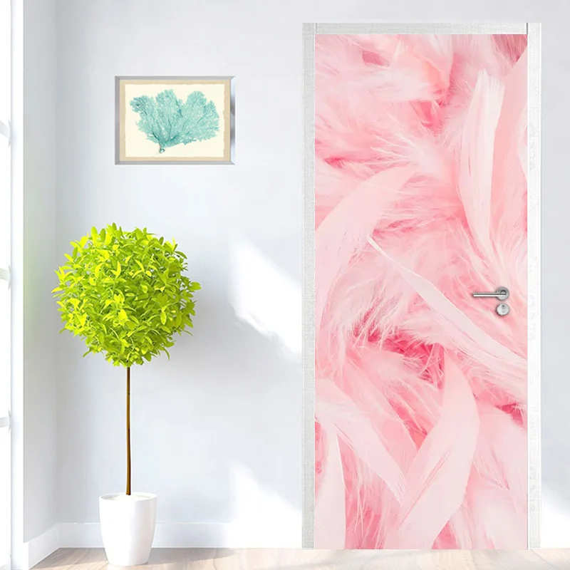 

2pcs/set PVC Waterproof Self-adhesive Door Sticker Home Decor Pink Feather Creative DIY Bedroom Door Decoration Wallpaper Murals