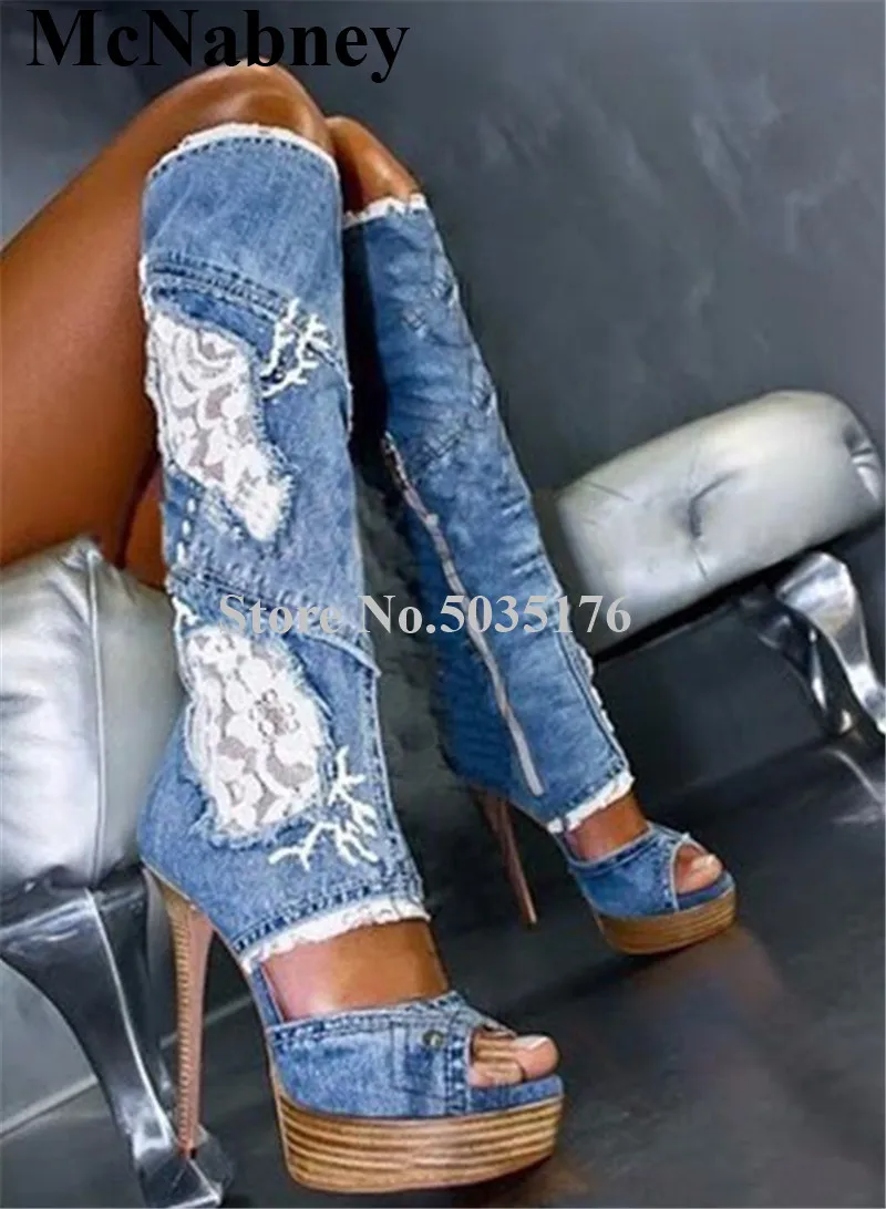 

Denim Lace Stitching Hollow Knee High Ladies Boots Platform Peep Toe Stiletto Heel Zipper Long Boots Spring/Autumn Women Shoes