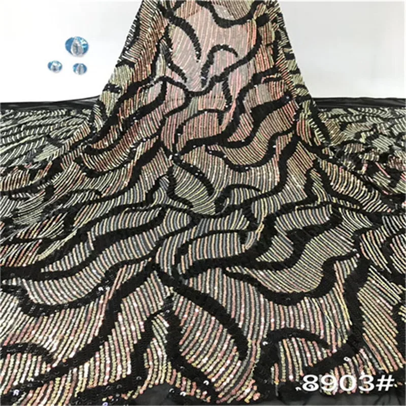 

2019 African Sequins Lace Fabric Gold Black Embroidered Nigerian Laces Fabrics High Quality French Tulle Lace Fabric For Women