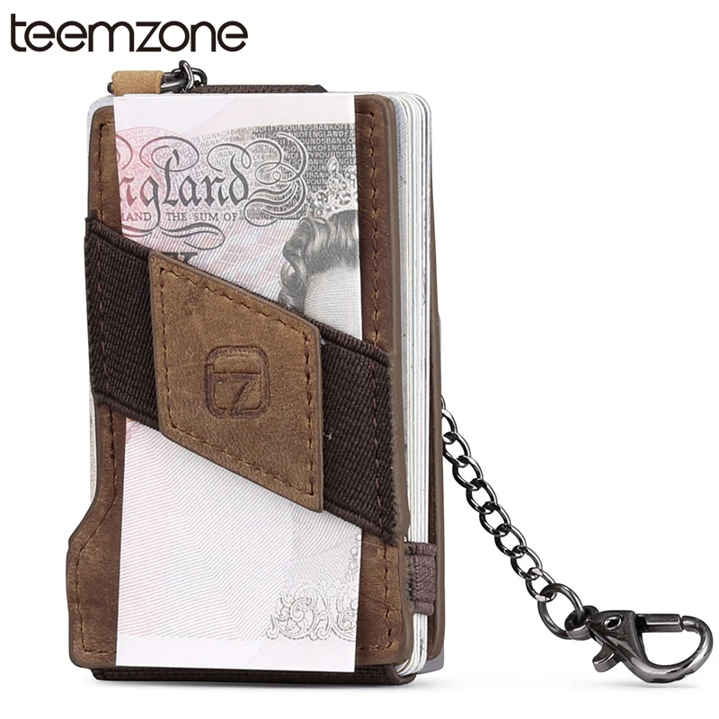 

teemzone RFID Blocking Trend Men's Crazy Horse Leather 8-13 Credit Card ID Holder with Elasticity Money Clip Wallet Brown K358