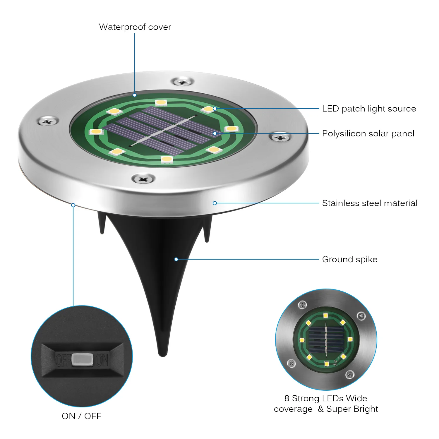 4Pcs Waterproof Ip67 8 LEDs Solar Underground Lights Stainless Steel