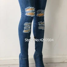 Синие джинсовые ботинки выше колена; летние сапоги до колена; женская обувь на высоком каблуке; джинсовые ботинки с бахромой