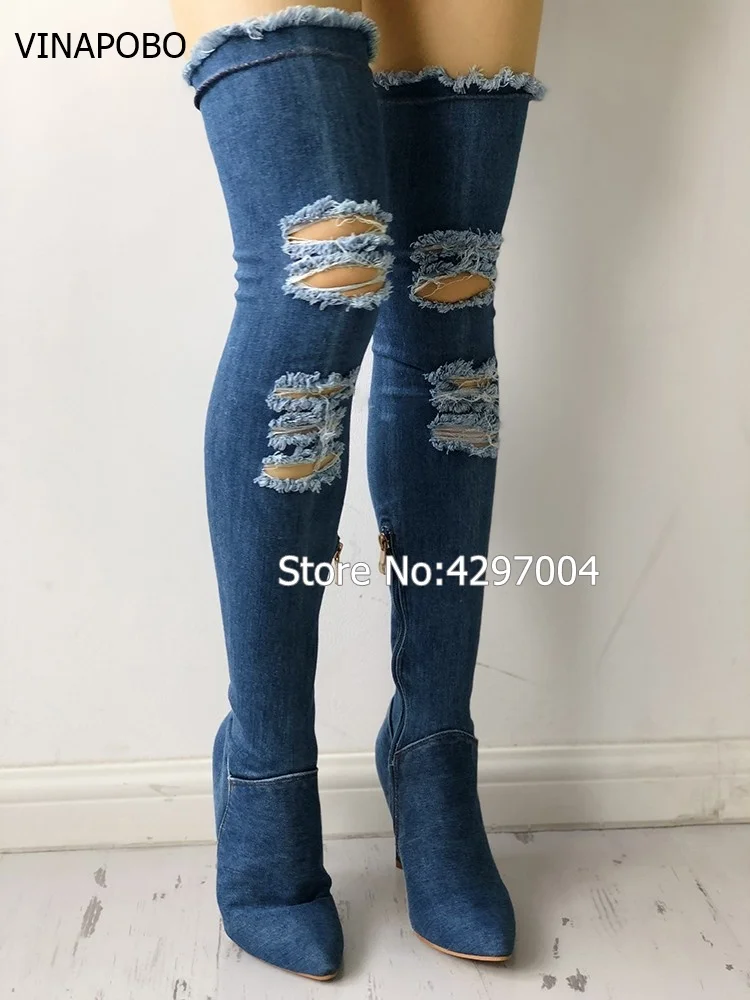 2018 blue denim boots over the knee 
