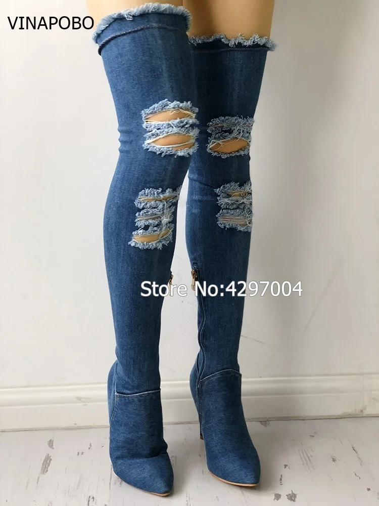 denim thigh high boots